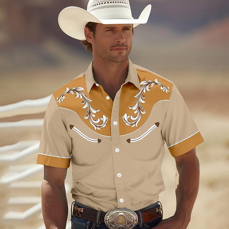 Men's Shirt Western Shirt Cowboy Shirt Short Sleeve Western Style Tribal Summer Spring Shirt Collar Yellow Green Khaki Dark Blue4