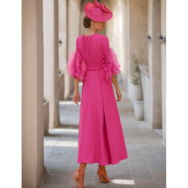 A-Line Mother of the Bride Dress Wedding Guest Elegant Jewel Neck Asymmetrical Stretch Fabric Half Sleeve with Feather2