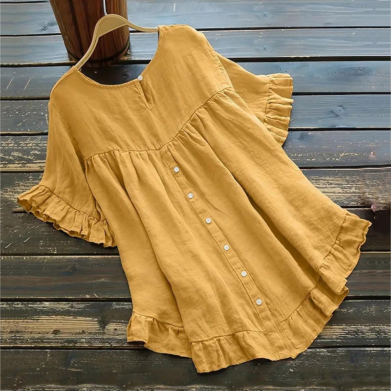 Women's Shirt Cotton Linen Shirts Button Up Blouse Plain Fashion Round Neck Street Daily Ruffle Black White Yellow Blue Summer