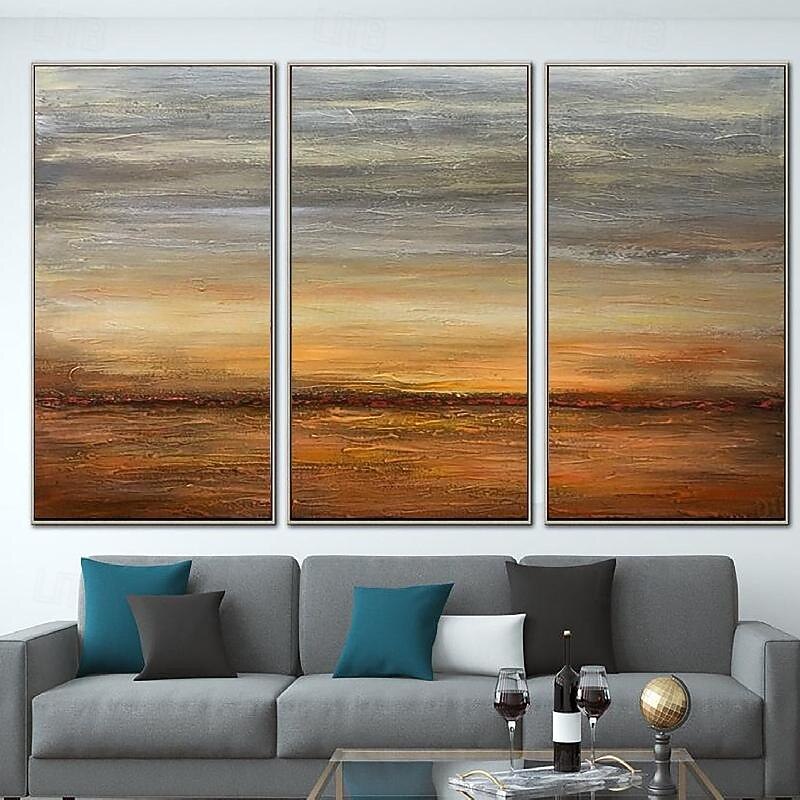 Hand painted Landscape Paintings On Canvas handmade Orange sea beach Painting  Oil painting  Artwork Handmade Triptych Paintings for Living Room bedroom office Wall Decoration3