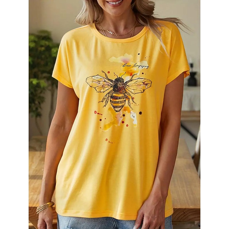Women's T Shirt Bees Stylish Casual Short Sleeve Crew Neck Regular Tops Daily Print Yellow Pink Blue Green Summer