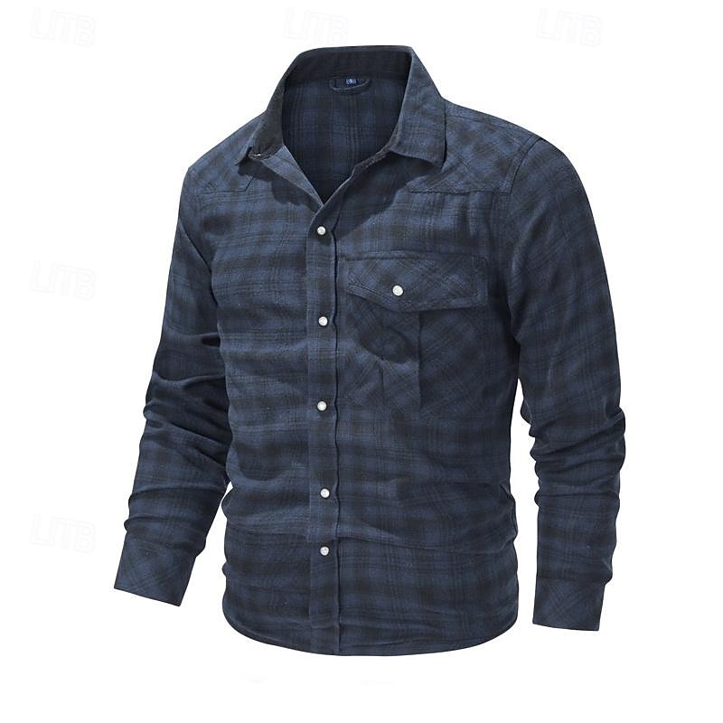 Men's Shirt Casual Shirt Plaid Shirt Button Up Shirt Overshirt Checked Shirts Red Blue Green khaki Gray Long Sleeve Plain Turndown Vacation Holiday Pocket Clothing Apparel Cotton Cotton Blend Fashion4