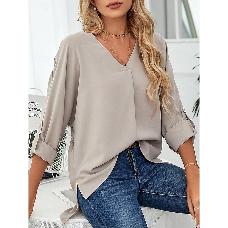 Women's Shirt Dressy Tops Elegant 3/4 Length Sleeve V Neck Ruched Black White Dusty Rose Khaki Spring & Summer