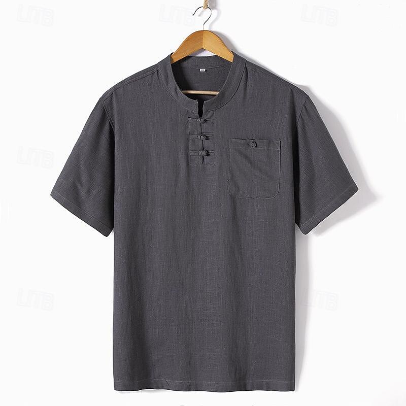 Men's Button T Shirt Linen Shirt T Shirt Henley Shirt Short Sleeve Henley Spring & Summer Plain Fashion Designer Basic Front Pocket Vacation Street Going out Navy Blue Light Grey Army Green Top Tee4
