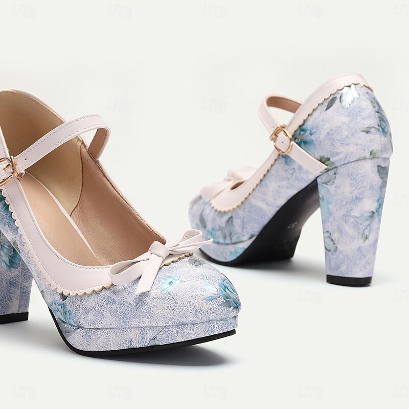 Elegant Floral Chunky Heel Mary Janes for Women - Vintage Inspired with Ribbon Ties and Scalloped Trim2
