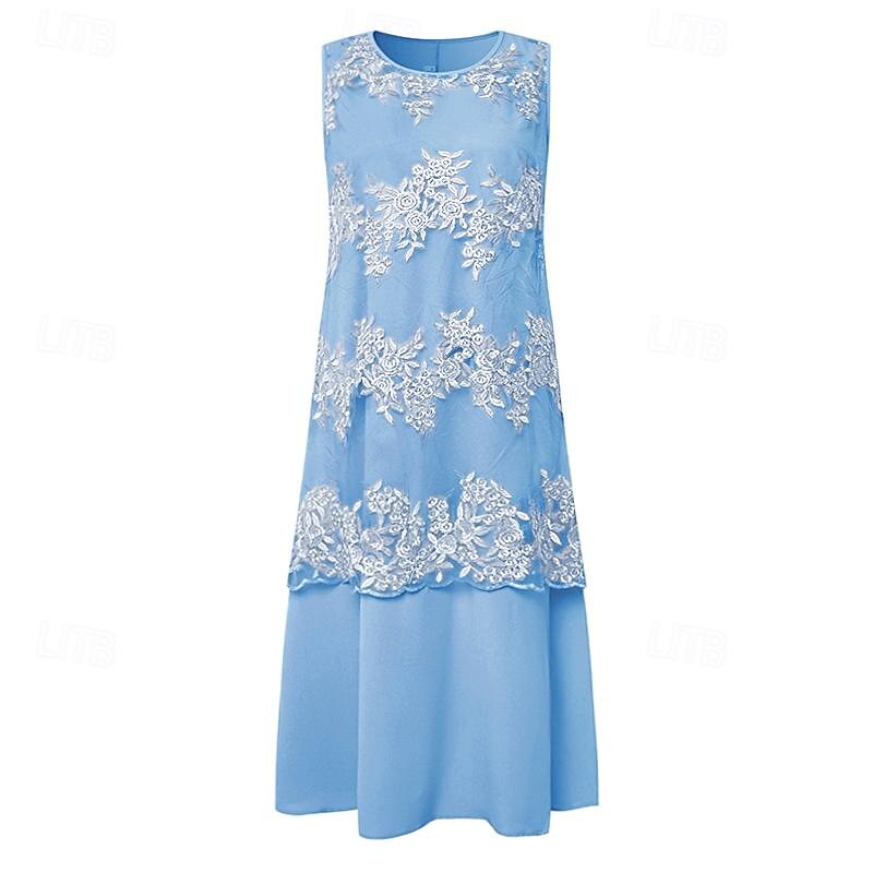 Women's Plus Size Knee Length Dress Lace Dress Dress Set Two Piece Dress Church Dress Elegant Classic Chinoiserie Formal Vacation Wedding Guest Regular Fit Pure Color Half Sleeve Crew Neck Light Blue2