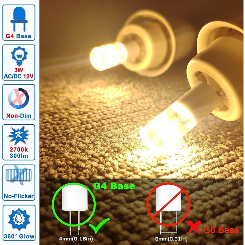 G4 Bi-Pin LED Bulbs T3, 12V 3W, 20W-30W Halogen Equivalent, 300LM 2700K Warm White, Low Voltage for Deck, Stair, Path & Chandelier Lighting, 10pcs3