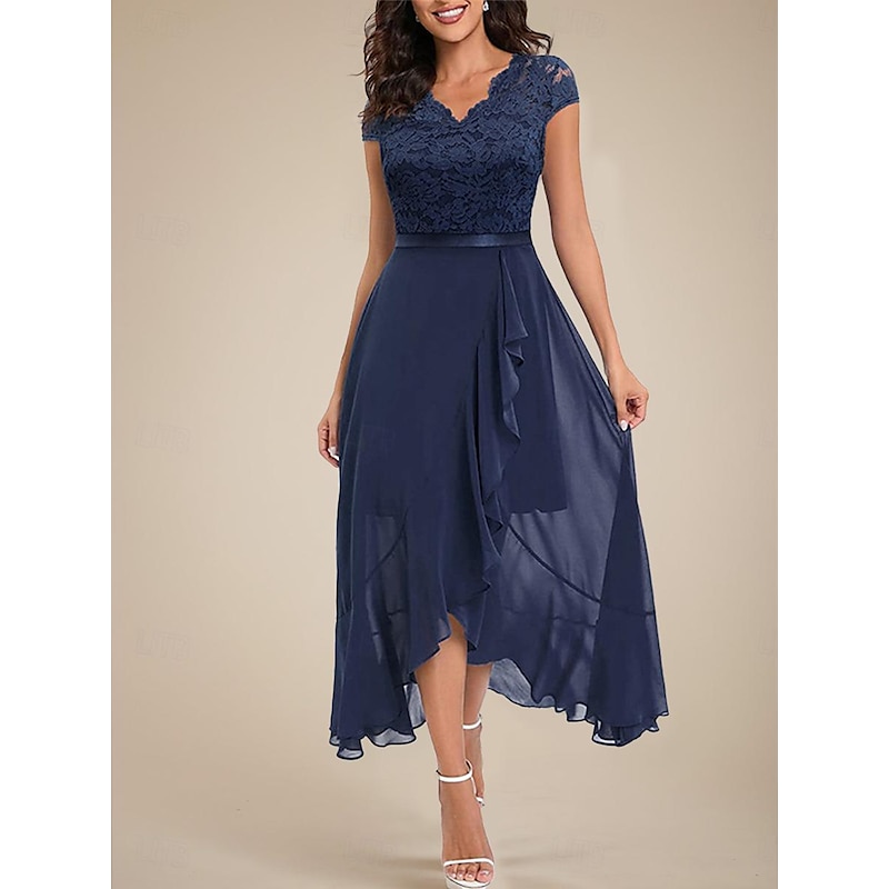 Women's Maxi Dress Lace Dress Cocktail Dress Wedding Guest Dress Chiffon Dress Elegant Formal Wedding Guest Cocktail Party Regular Fit Short Sleeve V Neck Black Pink Red Navy Blue Summer