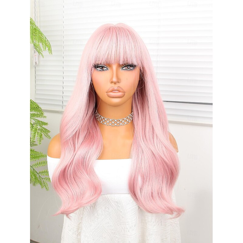 Synthetic Wig Deep Wave Neat Bang Wig 22 inch Pink+Red Synthetic Hair 22 inch Women Pink2