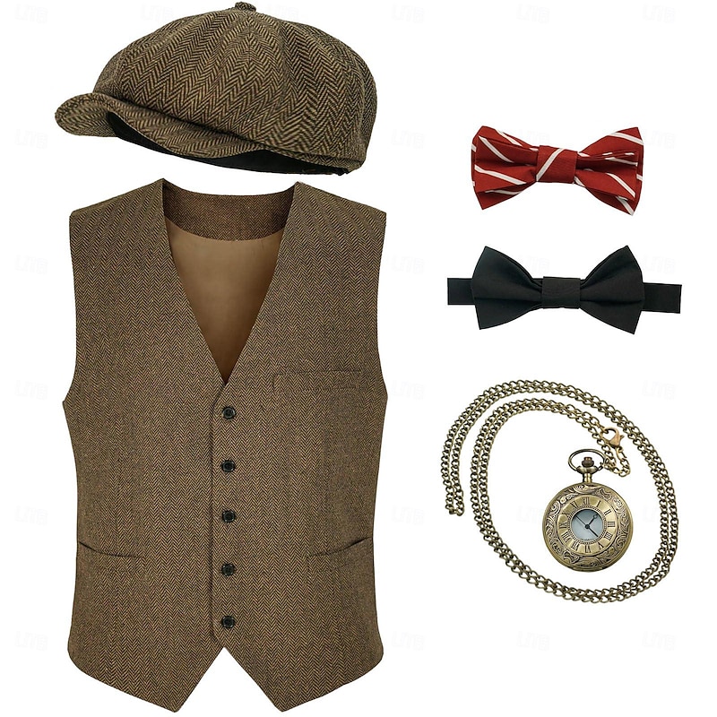 Retro Vintage Roaring 20s 1920s Outfits Waistcoat Gentleman Gangster Fancy Dress Men's Halloween Carnival New Year Carnival Party / Evening Masquerade Adults' Cravat Vest Hat All Seasons2
