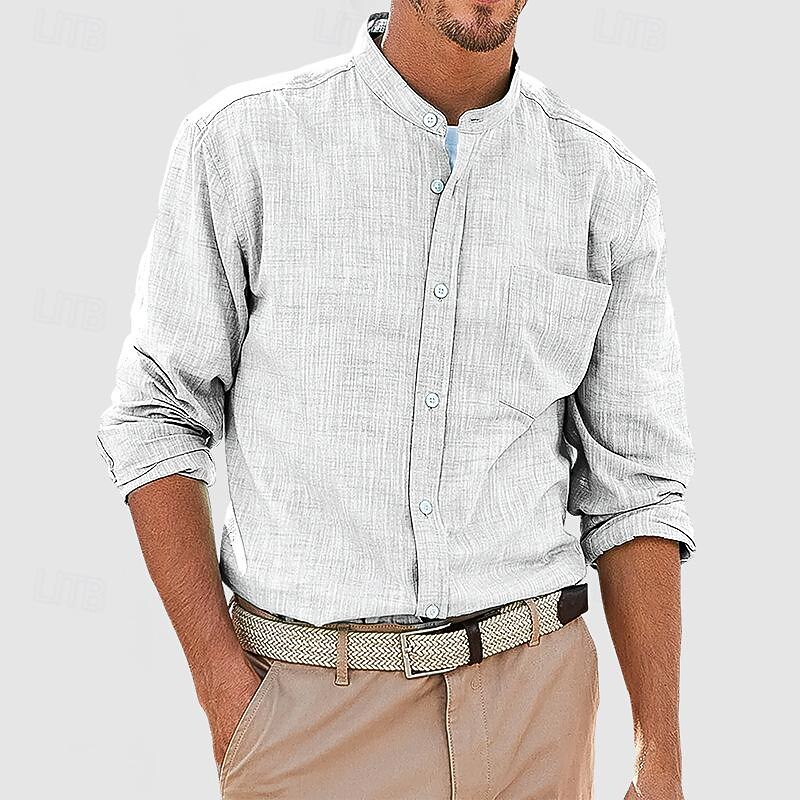Men's Shirt Chinese Collar Shirt Mandarin Collar Shirt Summer Shirt Casual Shirt Beach Shirt White Red Navy Blue Blue Long Sleeve Plain Band Collar Vacation Hawaiian Pocket Clothing Apparel Polyester3