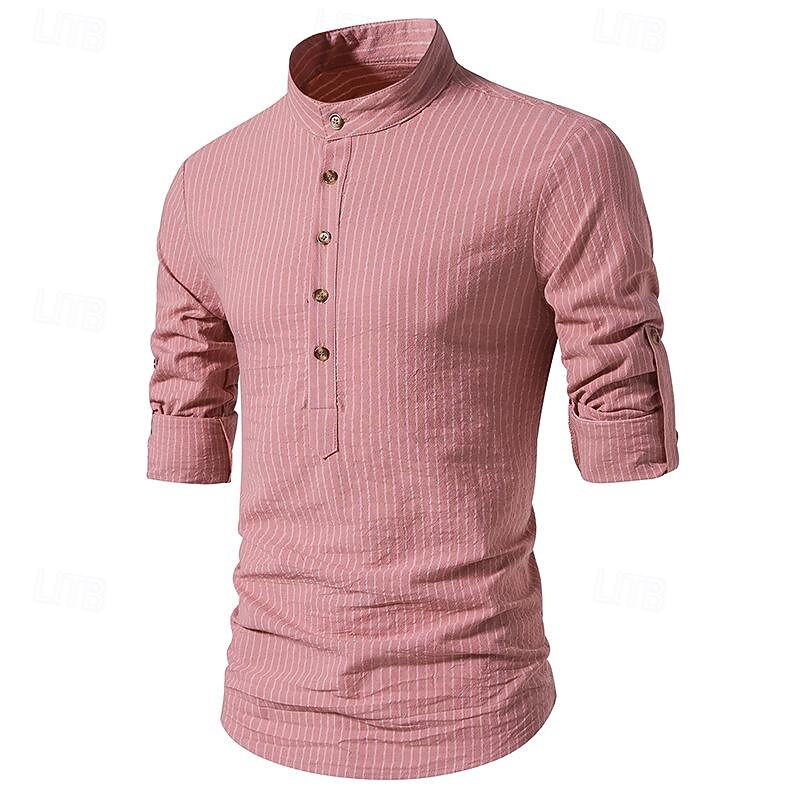 Men's Shirt Chinese Collar Shirt Mandarin Collar Shirt Popover Shirt Casual Shirt Cotton Shirt Striped Vacation Hawaiian Black White Pink Purple Long Sleeve Band Collar Spring &  Fall Clothing Apparel2