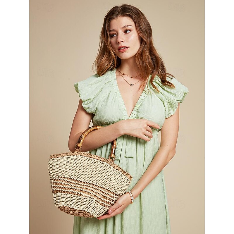 Chic Summer Straw Basket Bag with Bamboo Handle - Versatile Shoulder Strap Woven Purse for Women3