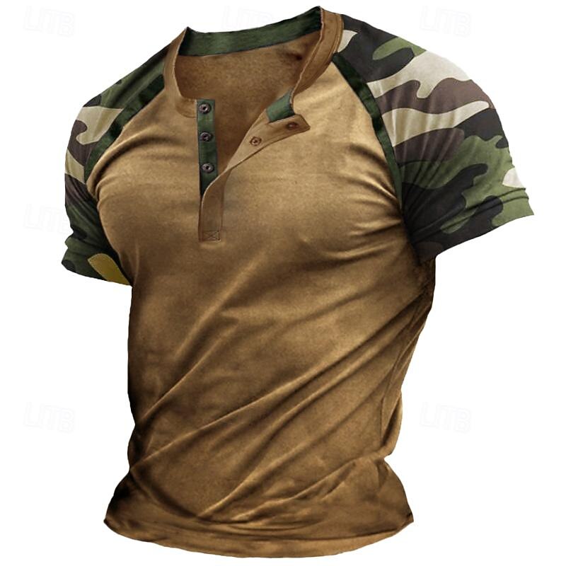Men's Henley Shirt Tee Top Short Sleeve Color Block Fashion Designer Comfortable Buttons Henley Outdoor Casual Daily Summer Army Green Blue Grey Henley T-Shirt