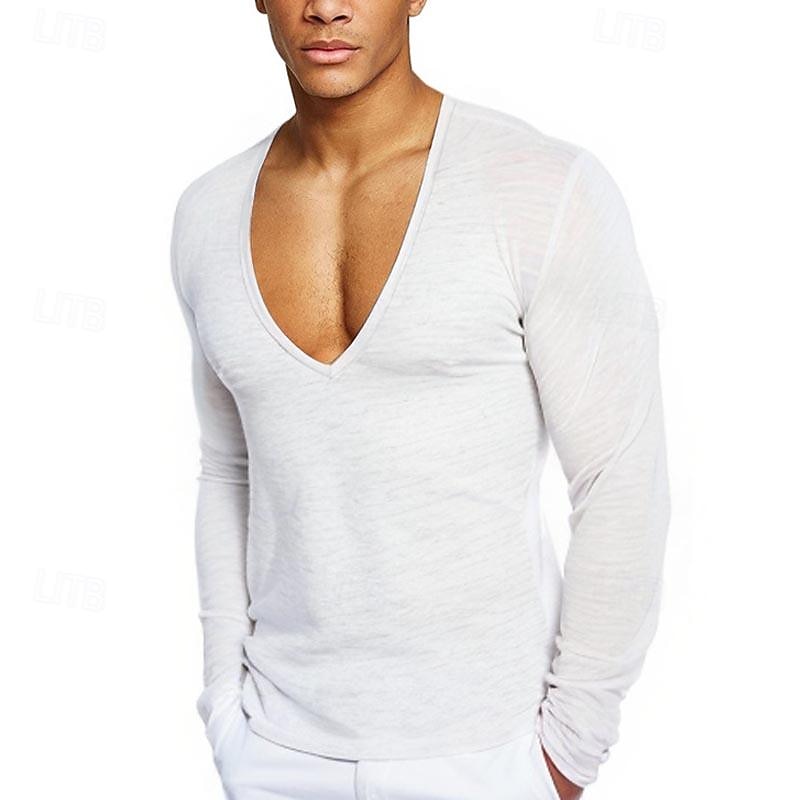 Men's T Shirt Tee Tee Top Long Sleeve Shirt Long Sleeve V Neck Spring &  Fall Plain Fashion Designer Basic Vacation Street Going out Wine Black White Top Tee for Men