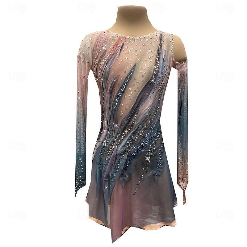 Figure Skating Dress Women's Girls' Ice Skating Dress Coffee Thumbhole Halo Dyeing High Elasticity Professional Competition Skating Wear Thermal Warm Crystal / Rhinestone Long Sleeve Ice Skating2