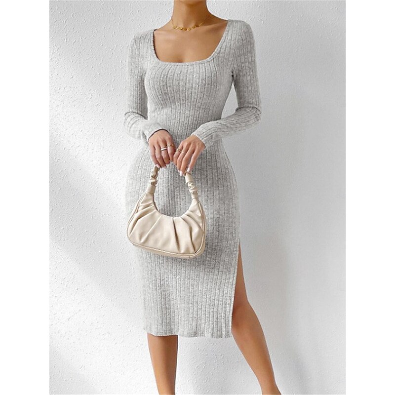 Women's Casual Dress Midi Dress Split Date Vacation Streetwear Casual Square Neck Long Sleeve Black Light Grey Color