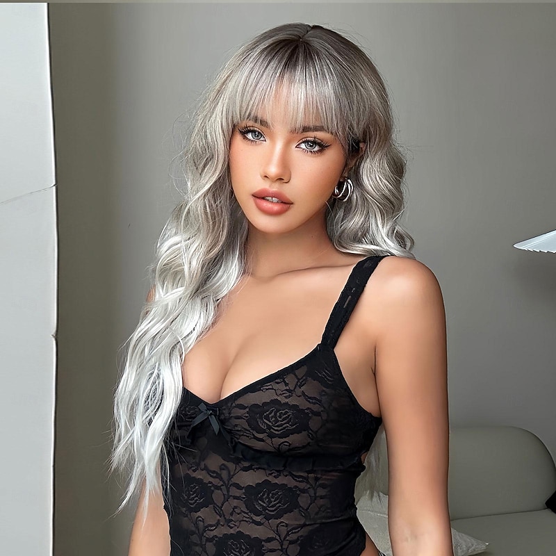 Synthetic Wig Uniforms Career Costumes Princess Curly Wavy Middle Part Layered Haircut Machine Made Wig 26 inch Light golden Synthetic Hair Women's Cosplay Party Fashion Blonde Natural Black2