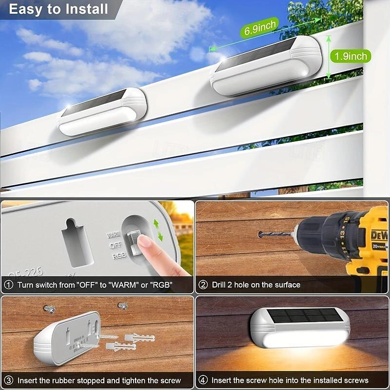 Solar Outdoor Deck Lights, Upgraded RGB Solar Fence Lights with Color Changing & Warm White Mode, Waterproof LED Solar Powered Lights for Yard, Wall, Stairs, Pool and Step Decor4