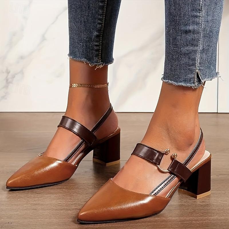 Women's Two-Tone Slingback Block Heel Pumps – Elegant Pointed Toe Slip-On Shoes with Gold Accent for Office, Parties & Formal Events3