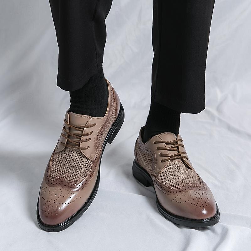 Men's Knit Mesh and Faux Leather Oxford Shoes - Lace-Up Design, Perforated Knit Fabric and Faux Leather Upper, Comfortable Fit for Casual or Business Wear2
