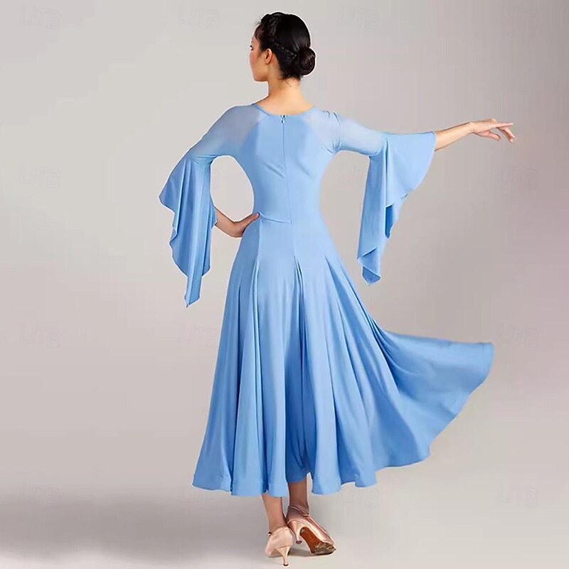 Ballroom Dance Dress Pure Color Splicing Women's Performance Party 3/4 Length Sleeve Crystal Cotton2