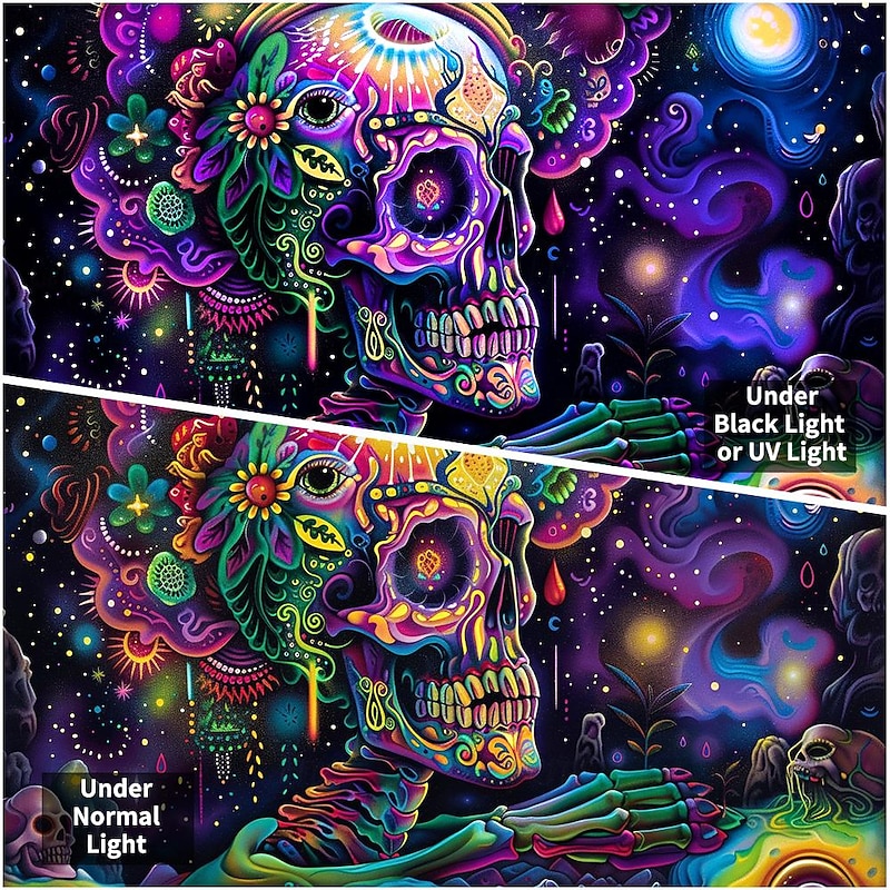 Halloween Decorations Blacklight Tapestry UV Reactive Glow in the Dark Glow Party Neon Mexico Skull Psychedelic Trippy Misty Hanging Tapestry Wall Art Mural for Living3