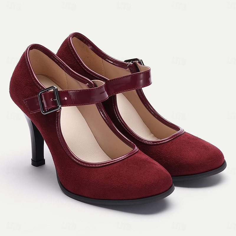 Women's Red Mary Jane Heels - Classic Suede High Heel Shoes for Parties and Formal Events4