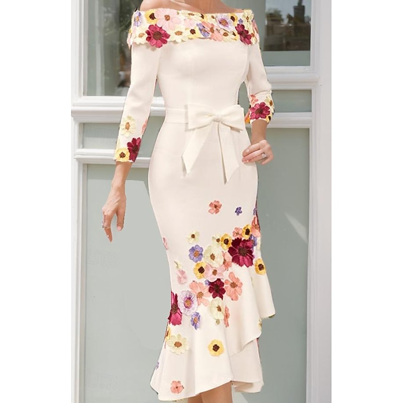 Sheath Mother of the Bride Dress Formal Elegant Off Shoulder Floor Length Stretch Fabric 3/4 Length Sleeve with Bow(s) Ruched Race Day Dress2