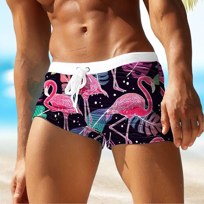 Men's Leaf Flamingo Plants Swim Trunks Swim Shorts Board Shorts Mid Waist Fashion Designer Surfing Holiday Beach Drawstring Pocket Elastic Waist Designer Clothing Apparel - Main Image