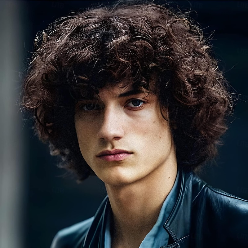 Men's Wig Short Brown Curly Wig Fully Hair Wigs with Bangs Natural Curly Synthetic Hair Replacement Wig Party Cosplay Halloween Costume Wigs for Men2