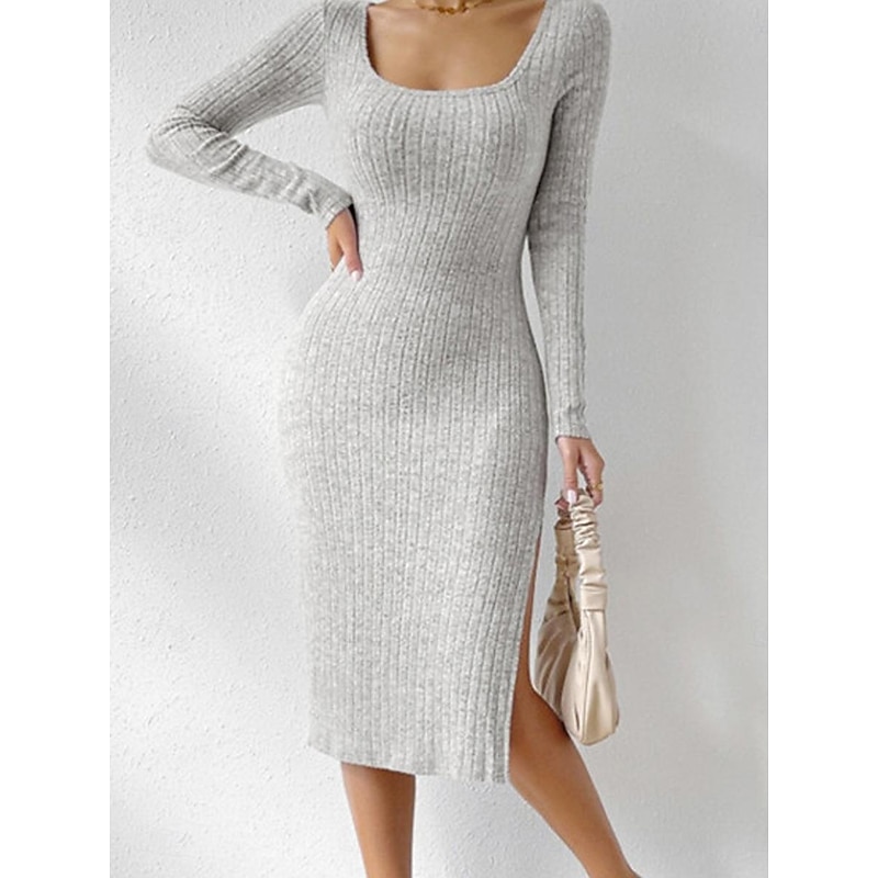 Women's Casual Dress Midi Dress Split Date Vacation Streetwear Casual Square Neck Long Sleeve Black Light Grey Color3