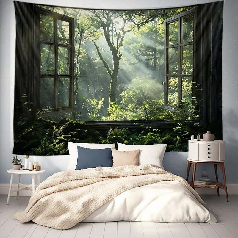 Window Landscape Wall Tapestry Art Decor Blanket Curtain Picnic Tablecloth Hanging Home Bedroom Living Room Dorm Decoration Polyester Forest3