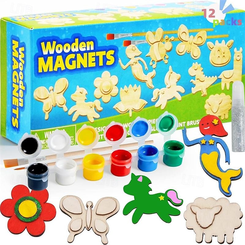 12 Wooden Magnet Creativity Arts & Crafts Painting Kit for Kids Decorate Your Own Painting Gift for Easter Basket Stuffers Birthday Parties and Family Crafts Party Favors for Boys Girls