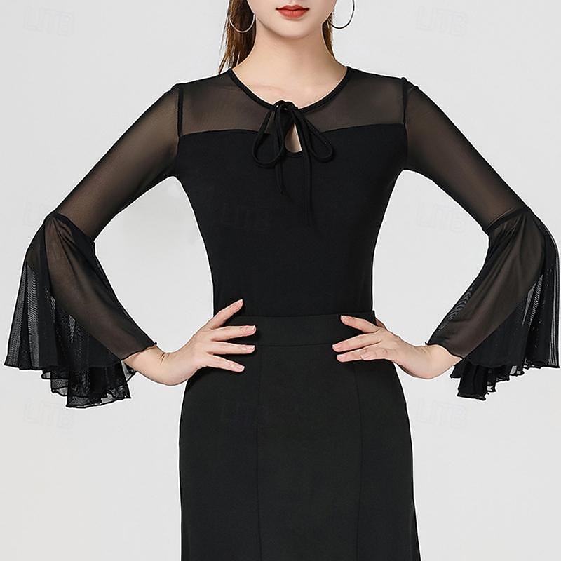 Latin Dance Top Pure Color Splicing Tulle Women's Performance Training Sleeveless High Polyester4