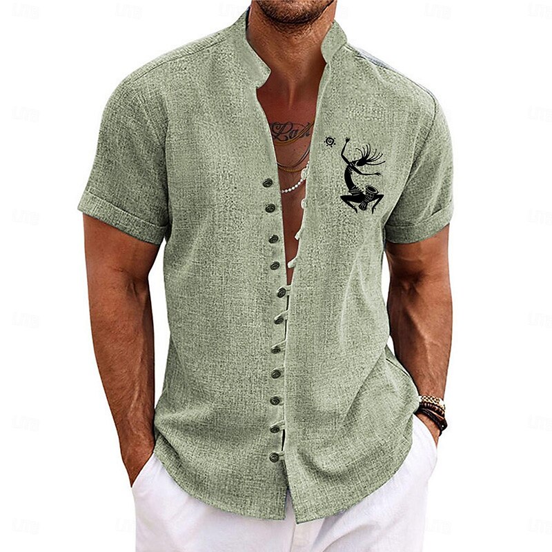 Men's Shirt Summer Hawaiian Shirt Aloha Shirt Short Sleeve Shirt Stand Collar Casual Tribal Holiday Blue Green Khaki S M L2