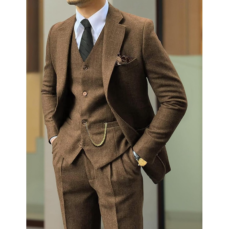 Men's Wedding Tweed Suits Brown Retro Vintage Herringbone Tailored Fit 3 Piece Single Breasted Two-buttons