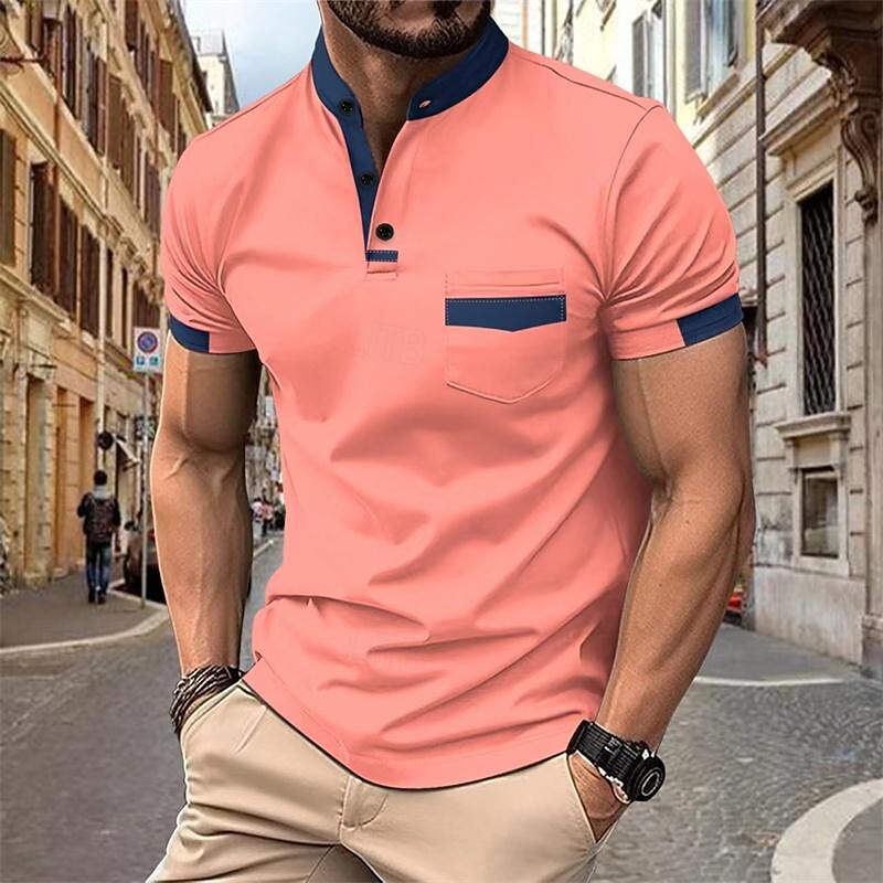 Men's Golf Shirt Golf Polo Work Casual Lapel Short Sleeve Basic Modern Color Block Patchwork Button Spring & Summer Regular Fit Black White Pink Army Green Sky Blue Orange Golf Shirt4