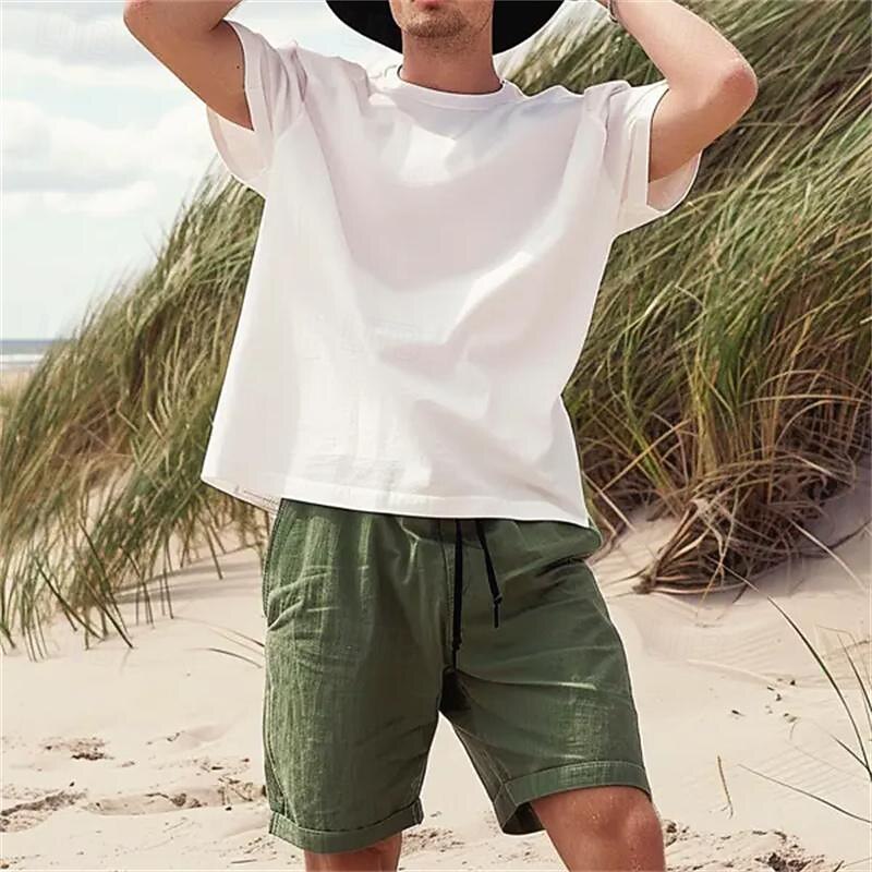 Men's Linen Shorts Summer Shorts Beach Shorts Pocket Drawstring Elastic Waist Plain Comfort Breathable Short Holiday Vacation Beach Hawaiian Boho ArmyGreen Black2