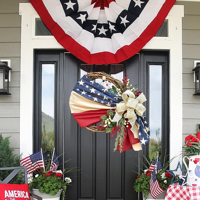 Patriotic Independence Day Wreath, Celebration USA Flag Printed Wreath, Red White Blue Garland Wreaths 4th of July Wall Decor Wreaths for Front Door Outdoor Welcome Sign Door Hangers4