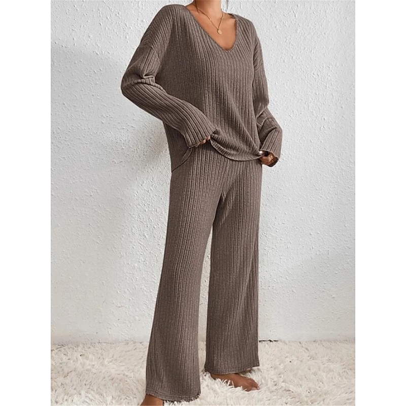 Women's Pajamas Sets Pure Color Fashion Comfort Home Daily Bed Knit Breathable V Wire Long Sleeve Pant Elastic Waist Spring Fall Black Camel Home Outfits3