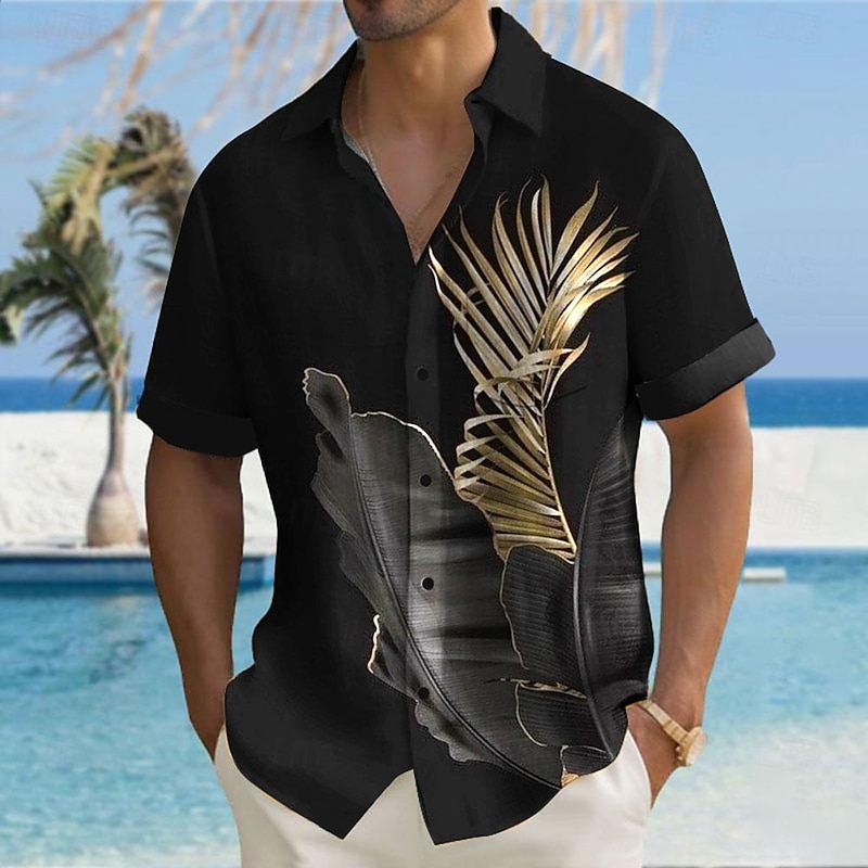 Men's Palm Leaf Tropical Plants Summer Hawaiian Shirt Aloha Shirt Short Sleeves Shirt Turndown Hawaiian Casual Resort Outdoor Vacation Street Black Grey Black Gold S M L4