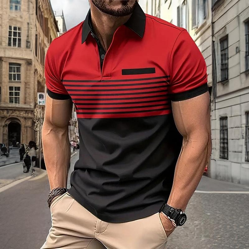 Men's Striped Polo Shirts Golf Shirt Short Sleeve Polo Shirts Collared Shirts Business Casual WorkWear Formal Wear Festival Wear 3D Print Buttons Spring & Summer White Wine Orange2