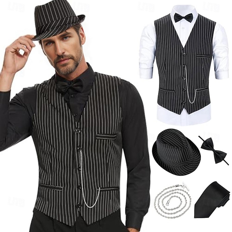 Retro Vintage Roaring 20s 1920s Outfits Waistcoat Accesories Set Gentleman Gangster Fancy Dress Men's Halloween Carnival New Year Carnival Party / Evening Masquerade Adults' Cravat Vest Hat All
