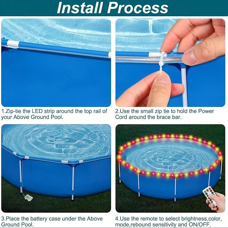 1pc 20M 200Leds Waterproof LED Pool Rim Lights,  Submersible Rim Lights with Color Changing Remote Control, Battery Operated for Above Ground Circular Pools Bright Durable String Lights4