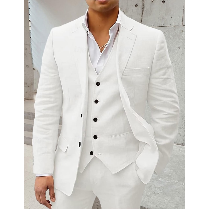 Men's Wedding Linen Suits Notch White Sky Blue Solid Colored Slim Fit 3 Piece Single Breasted Two-buttons4