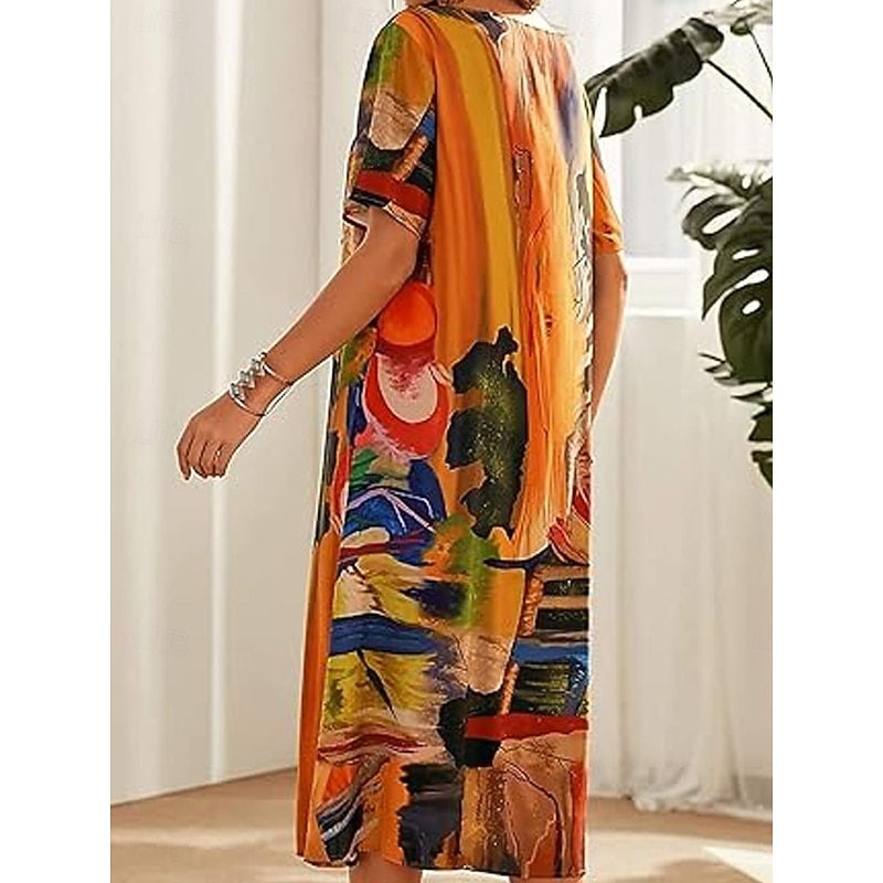 Women's Abstract Print Crew Neck Midi Dress Casual Daily Short Sleeve Summer2