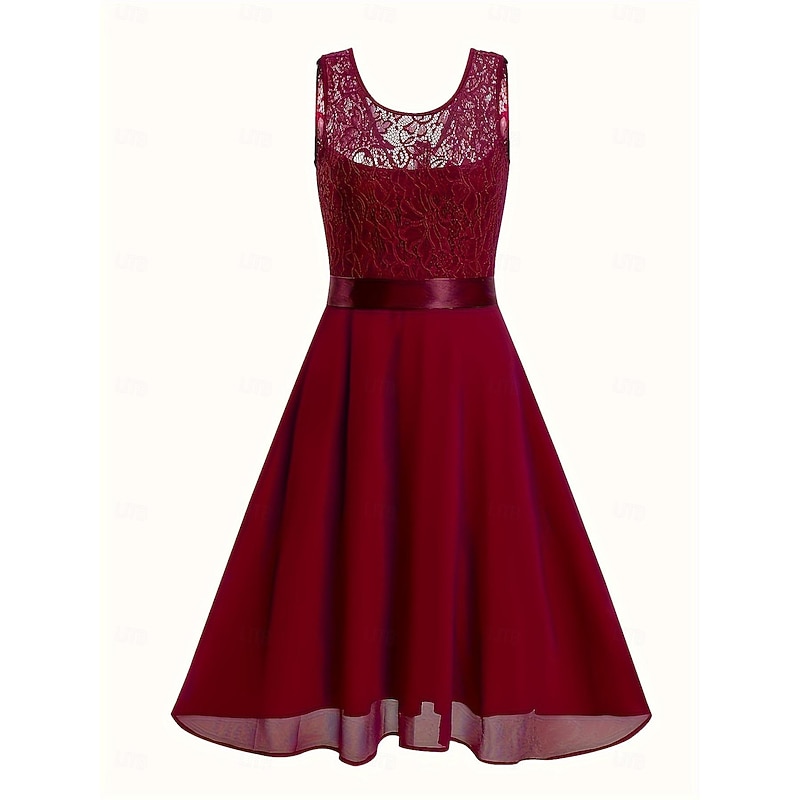 Women's Midi Dress Lace Dress Cocktail Dress Wedding Guest Dress Chiffon Dress Elegant Formal Wedding Party Regular Fit Crew Neck Black White Dark Red Pink Summer2