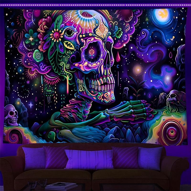 Halloween Decorations Blacklight Tapestry UV Reactive Glow in the Dark Glow Party Neon Mexico Skull Psychedelic Trippy Misty Hanging Tapestry Wall Art Mural for Living