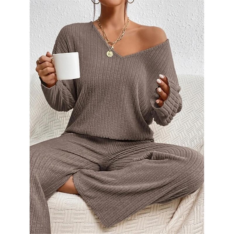 Women's Pajamas Sets Pure Color Fashion Comfort Home Daily Bed Knit Breathable V Wire Long Sleeve Pant Elastic Waist Spring Fall Black Camel Home Outfits4